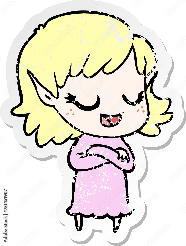 distressed sticker of a happy cartoon elf girl