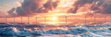 An offshore wind farm with turbines in the ocean, Gentle waves at the bases and a serene sunset background