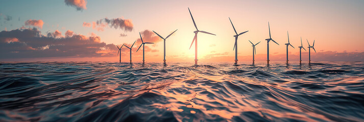 Wall Mural - An offshore wind farm with turbines in the ocean, Gentle waves at the bases and a serene sunset background