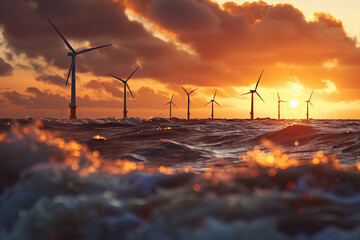 Wall Mural - An offshore wind farm with turbines in the ocean, Gentle waves at the bases and a serene sunset background