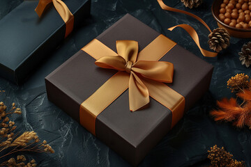 Wall Mural - Dark Mustard gift box adorned with a luxurious gold satin ribbon, placed on a dark background