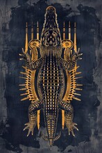 Poster Indian Crocodile , Vintage Print Style, Simplistic Tshirt Image, Yellow Black And Grey Color , --ar 2:3 