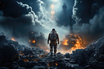 Wall Mural - astronaut in a space suit in outer space. Fantasy illustration