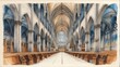Watercolor architectural illustration of a cathedral hall interior from Generative AI