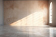 Warm light in empty room with plaster wall and arched window