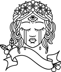 Wall Mural - black linework tattoo with banner of female face with third eye crying