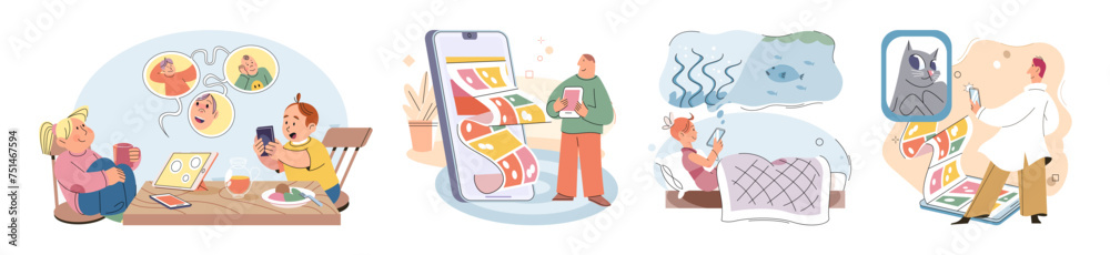 Kids with phone. Vector illustration. The use mobile phones enhances ...