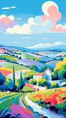 Wall Mural - Beautiful Tuscany hills spring landscape illustration made with Generative AI 