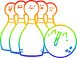 rainbow gradient line drawing cartoon laughing bowling ball and pins