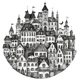 Fototapeta Paryż - Hand drawn of cozy city, black graphic line design