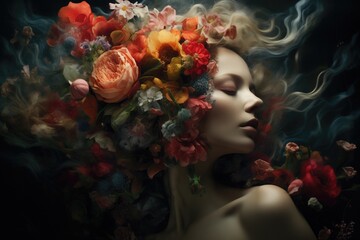 Wall Mural - Artistic portrait of a woman with fresh flowers in her hair