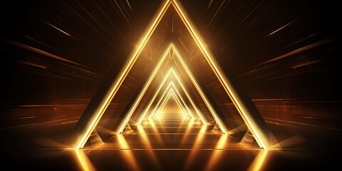 Poster - Neon light abstract background. Triangle tunnel or corridor sepia colors neon glowing lights. Laser lines and LED technology create glow in dark room.