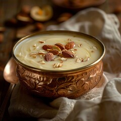 Wall Mural - almond pudding in a copper bowl on a fabric background, diwali, indian food, nuts, almonds, holi, kheer, firni, badam kheer, milk pudding, traditional food