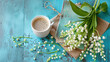 Coffee, Lily of the Valley, and Good Morning Notes on a Rustic Turquoise Table, Generative ai