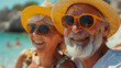 © Irina - Close-up and portrait of two happy and active Elderly people having fun and enjoying themselves on the beach, elderly people outdoors enjoying a vacation together