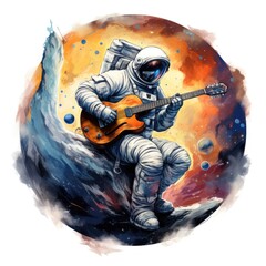 Wall Mural - watercolor astronaut playing guitar on a white background. Generative AI