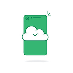 Fototapete - green smartphone icon like cloud computing with tick. flat trend modern logotype graphic simple design element isolated on white. concept of data synchronization or connect and mobile app pictogram