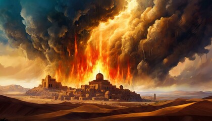 Wall Mural - Sodom and Gomorrah Burning. Story in Genesis in the Bible. God Burns Sodom.