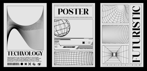 Aufkleber - Set of three monochrome posters featuring abstract geometric designs and the word with grid figure in y2k style in a sleek, futuristic style. Modern Tech-Inspired Poster Set with Geometric Shapes.