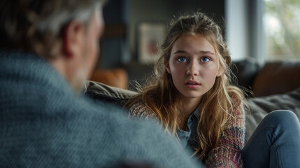 A Teenage Girl With a Concerned Expression on Her Face Listening to a Parent