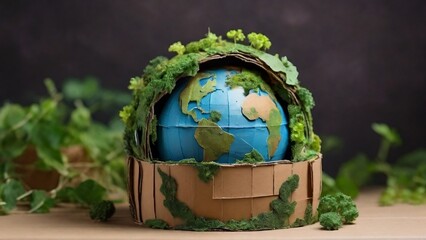 Wall Mural - Earth conservation and recycling. Environmental concept, cardboard earth, ecological symbolism, recycling initiative and nature created with generative ai.