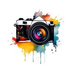 Wall Mural - Simple graphic logo of color photo camera with splashes on white background.