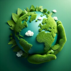 Wall Mural - Planet earth on a green background. Green continents made from the crown of a tree. Clear azure water. The ecological concept of the survival of the planet created with generative ai.