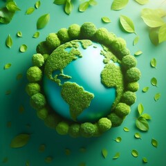Wall Mural - Planet earth on a green background. Green continents made from the crown of a tree. Clear azure water. The ecological concept of the survival of the planet created with generative ai.
