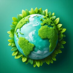 Wall Mural - Planet earth on a green background. Green continents made from the crown of a tree. Clear azure water. The ecological concept of the survival of the planet created with generative ai.