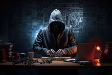 hacker in a hood with a laptop on a dark