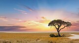 Fototapeta Sawanna - Acacia Tree with Etosha Pan in the distance with a few springbok feeding on the dry yellow african plains