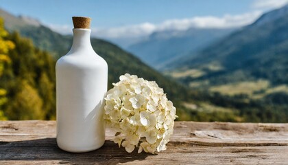 Wall Mural - a white ceramic bottle with a dry hydrangea flower stands on a wooden surface