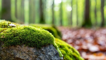  stone covered with green moss on blurred forest background close up nature background with copy space for your design