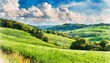 a charming rural landscape with green slopes pastures meadows and a beautiful sky in watercolor