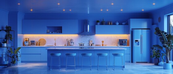 Fototapete - Stylish blue kitchen interior with white countertop. Bright and cozy kitchen with appliances and utensils. Working space in the kitchen. 3D animation. 3D illustration...