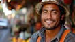 Smiling Construction Worker in Helmet Outdoors
