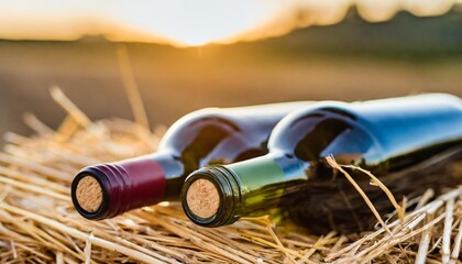 Wall Mural - closeup shot of wineshelf bottles lay over straw