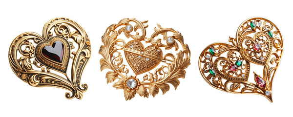 Wall Mural - 3 Old fashioned love brooch made of gold with intricate design isolate on transparent background