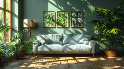 Aufkleber - Light living room with grey sofa, standard lamp, and houseplant