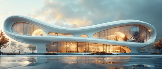 Fototapete - Rendering of an office building with curve glass windows, taken from a low angle...