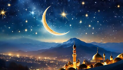 Wall Mural -  A magical background depicting a starry night sky with twinkling stars and a crescent moon