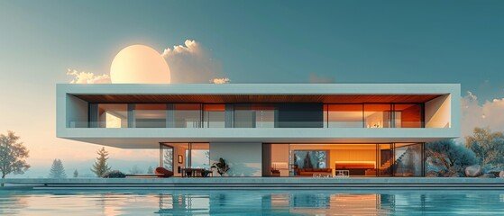 Sticker - 3D rendering of a modern house in Australian style against a blue sky background. Modern house design based on contemporary architecture.