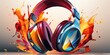 Colorful 3D headphones in splashes of paint logo art illustration. Stylish gaming headphones print on clothes, fabric and paper. Gadget for listening to music.