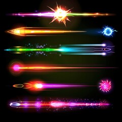 Fototapete - Colorful neon light effects isolated on a black background. Cartoon  illustration of a space blaster, a laser gun, and a magic power charge.