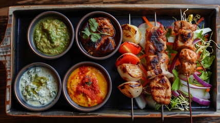 Wall Mural - Freshly cooked kebabs with crispy crusted vegetables and herbs on a plate