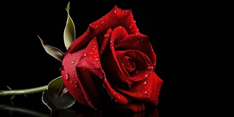 Wall Mural - Elegant close-up of a single red rose against a deep black background, symbolizing love and passion