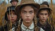 Close-up of a young Amish girl with striking blue eyes and braided blonde hair