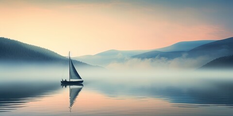 Wall Mural - A serene image of a sailboat gliding over calm waters with misty hills in the background