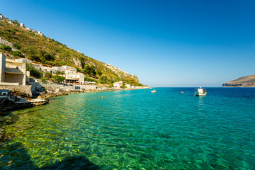 Poster - Limeni, Greece. Coastal village on Peloponnese peninsula.	