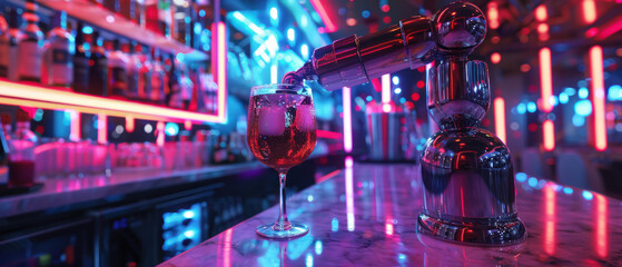 A robot bartender is pouring a drink into a glass